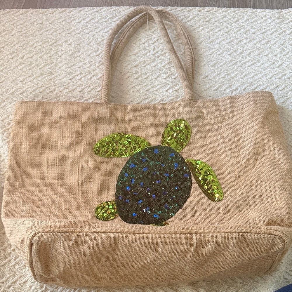 Beige Tote Bag with sequin Turtle Design - Picture 2 of 8